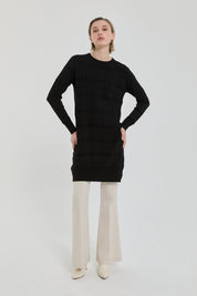 Kendinden Desenli Rayon Triko Tunik - Siyah