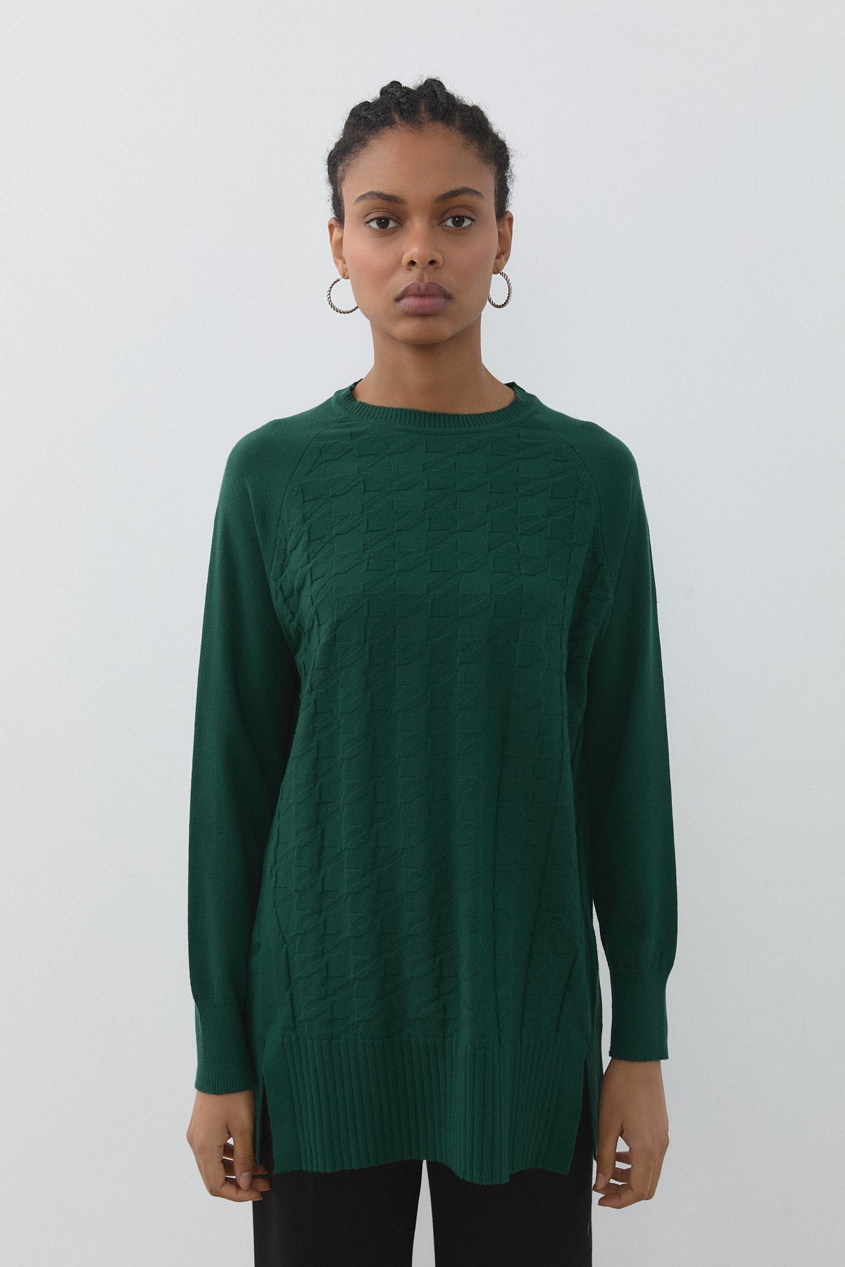 Kendinden Desenli Triko Tunik - Olive