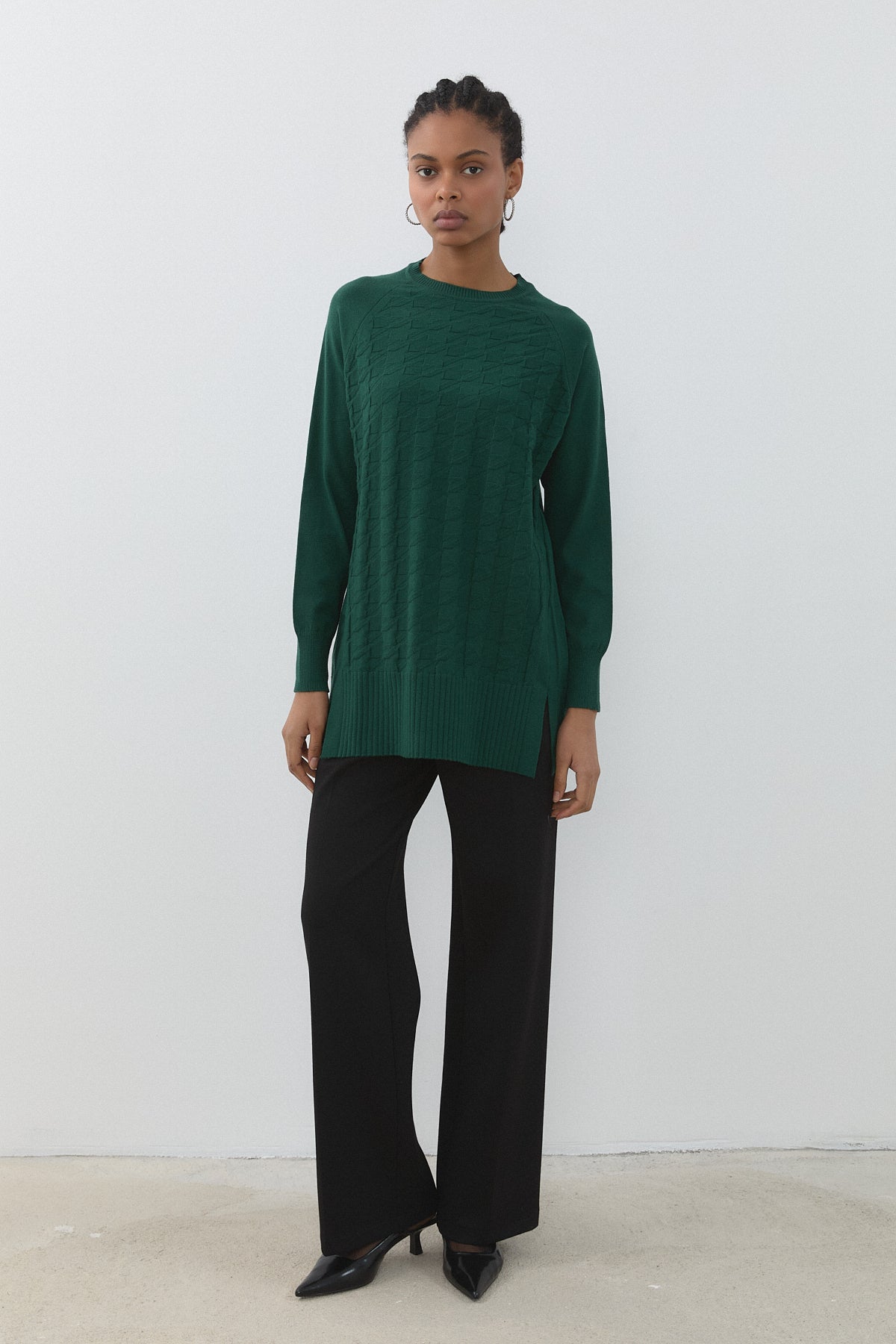 Kendinden Desenli Triko Tunik - Olive
