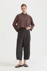 Gathered Modal Trousers with Slit Hem - Black