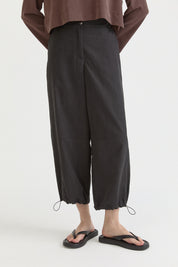 Gathered Modal Trousers with Slit Hem - Black