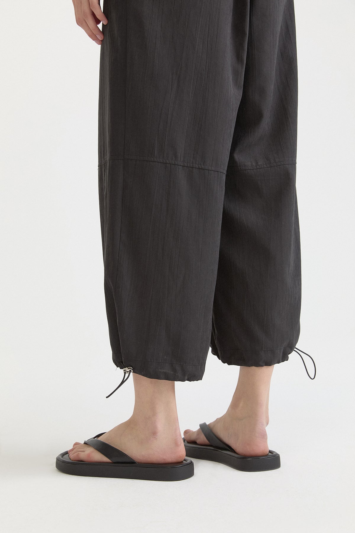 Gathered Modal Trousers with Slit Hem - Black
