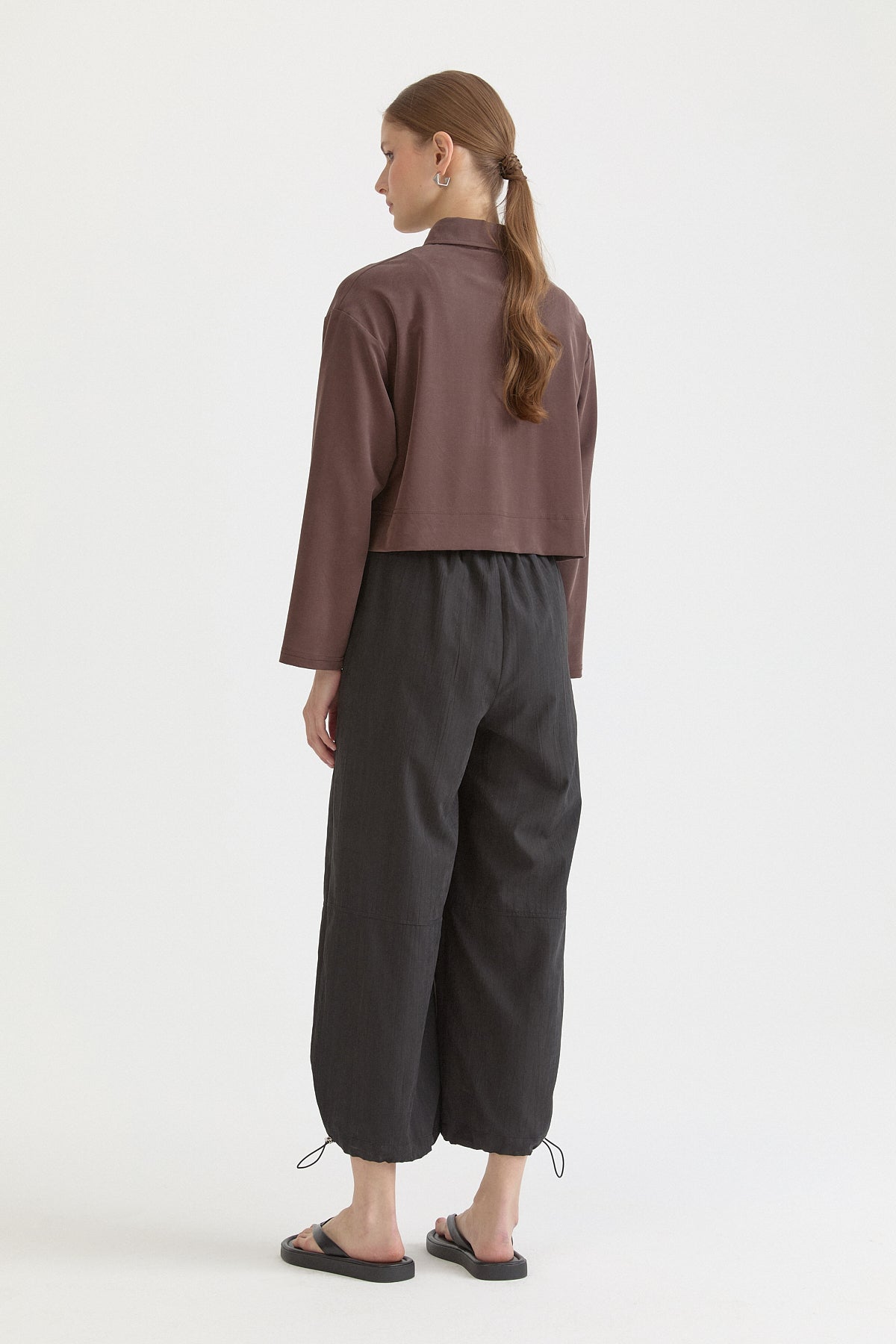 Gathered Modal Trousers with Slit Hem - Black