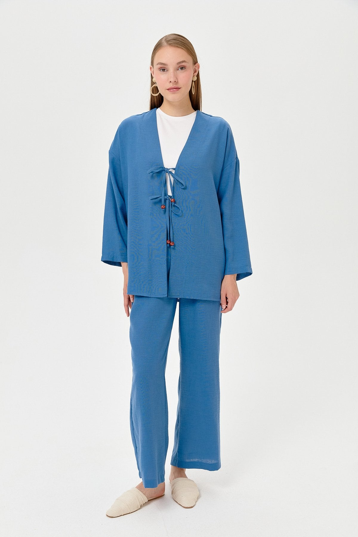 Keten Bağcık Detaylı Kimono Pantolon Takım - İndigo