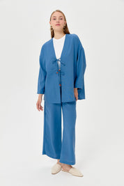 Linen Kimono Pants Set with Lace-up Detail - Indigo