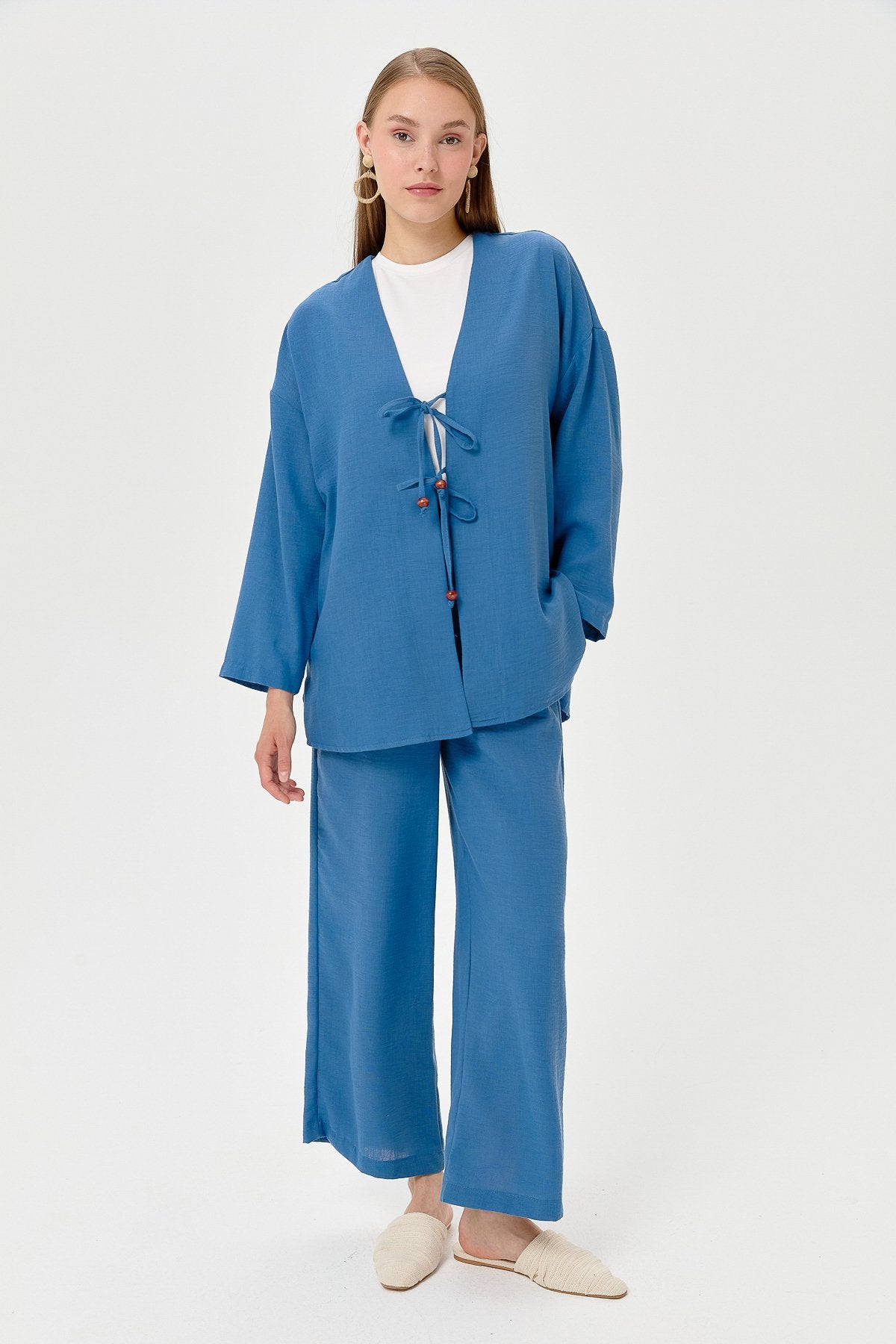 Linen Kimono Pants Set with Lace-up Detail - Indigo