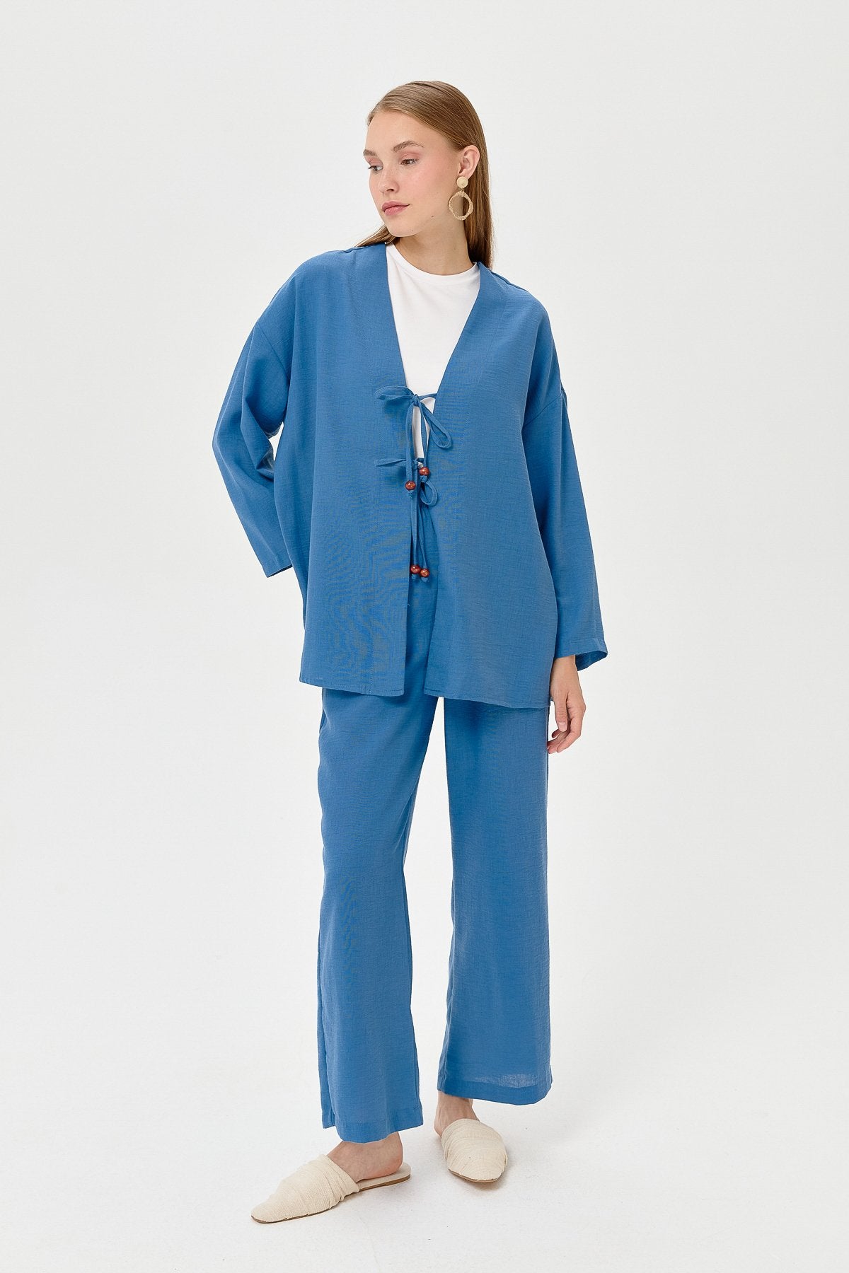 Linen Kimono Pants Set with Lace-up Detail - Indigo