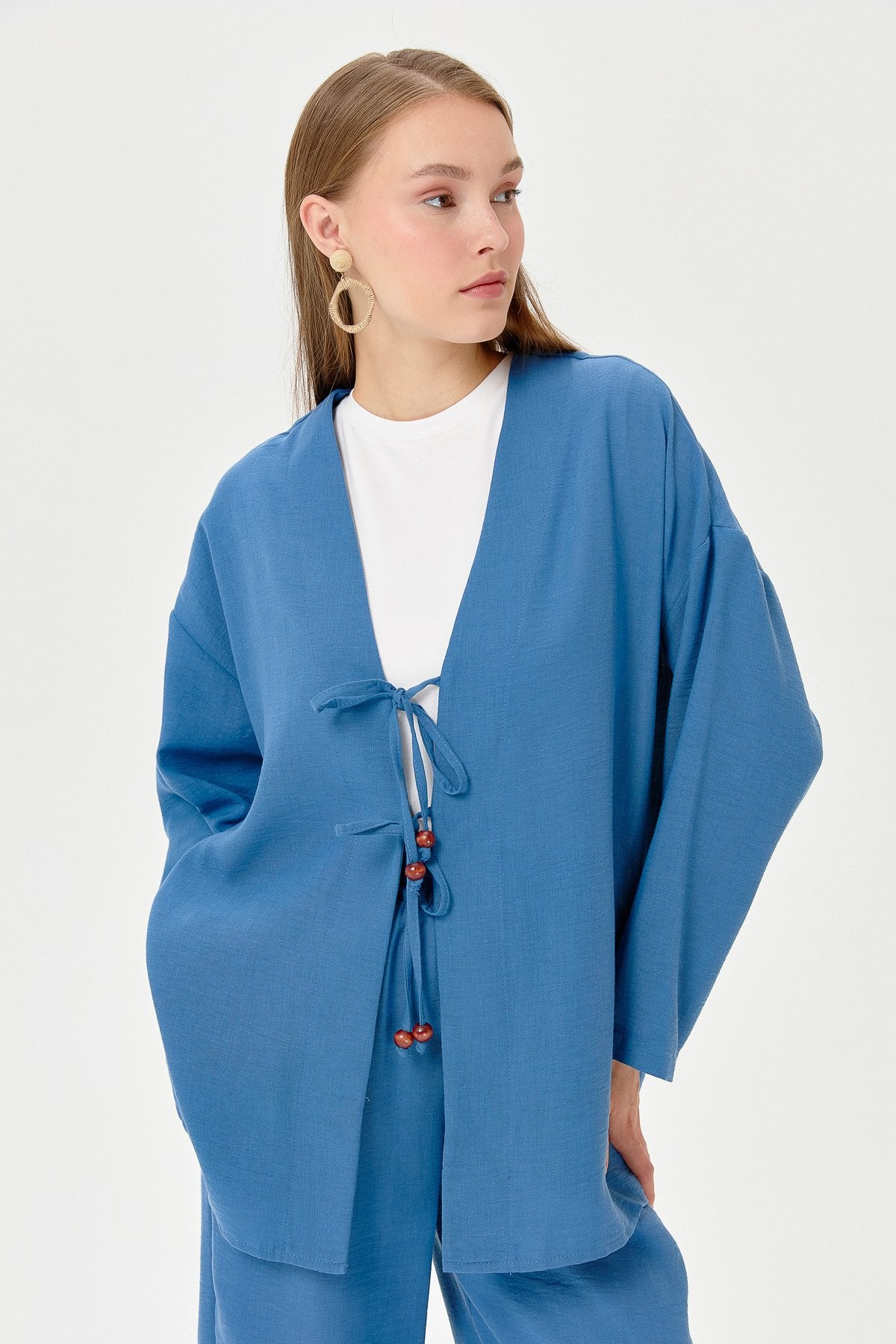 Linen Kimono Pants Set with Lace-up Detail - Indigo