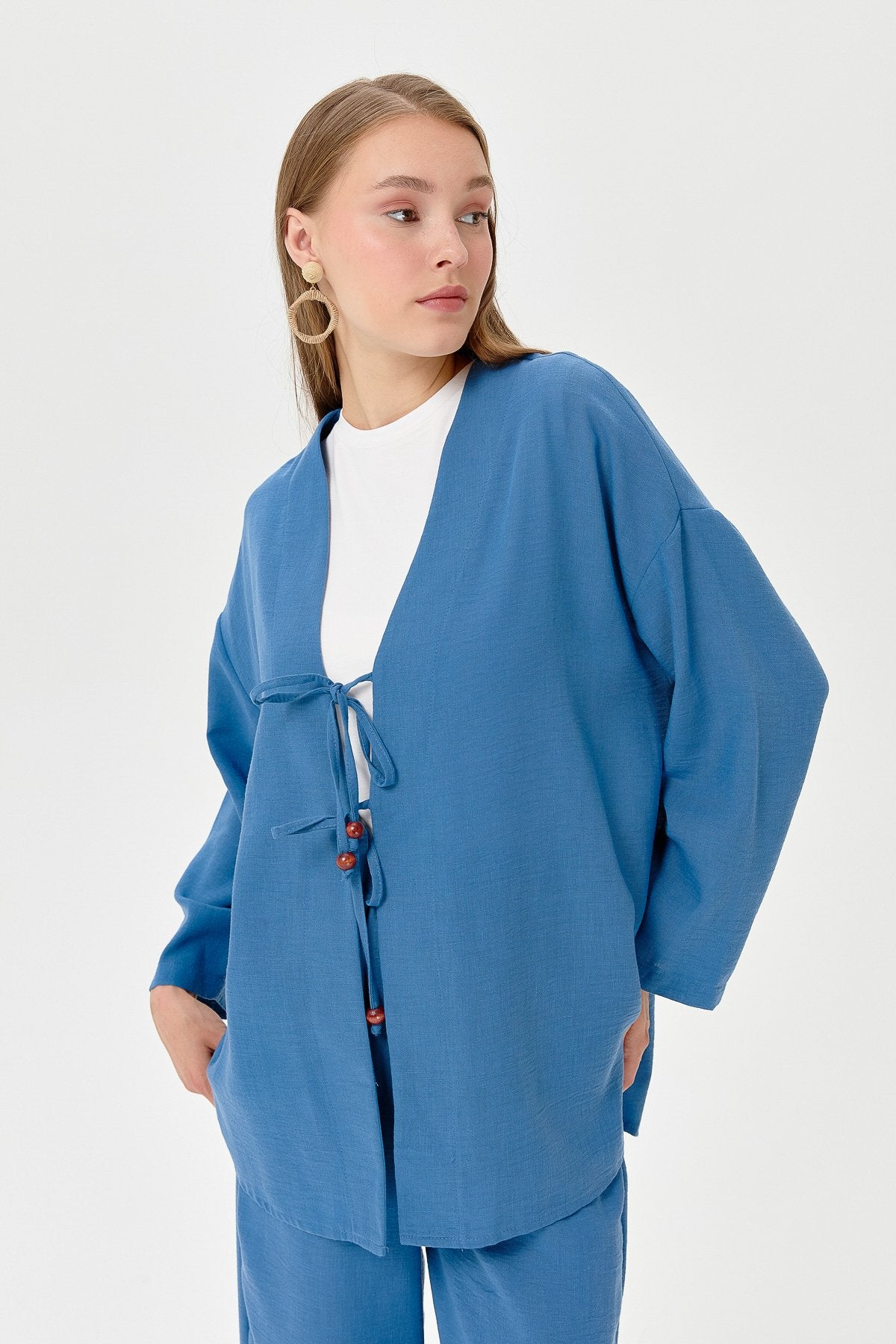 Linen Kimono Pants Set with Lace-up Detail - Indigo