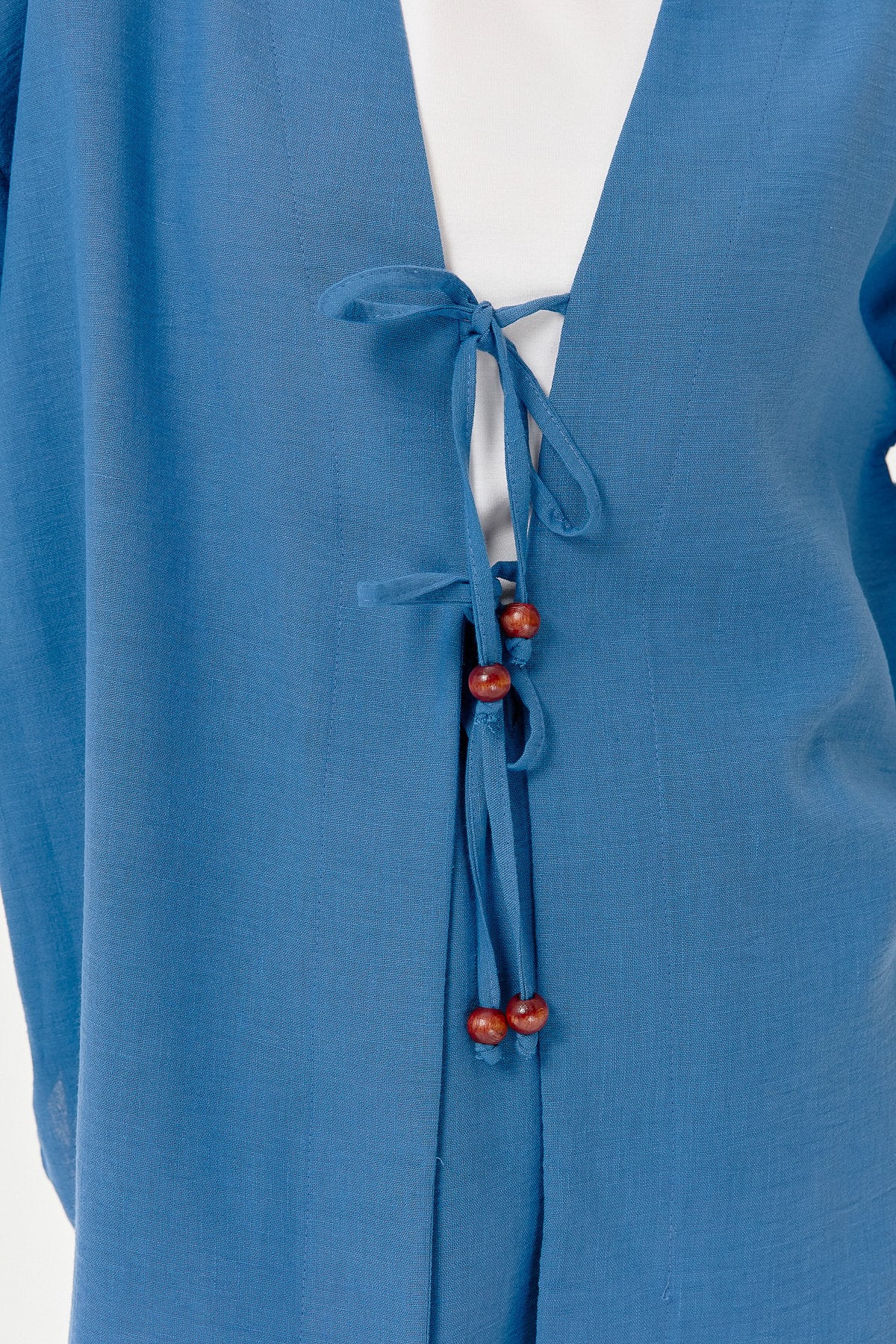 Linen Kimono Pants Set with Lace-up Detail - Indigo