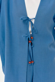Linen Kimono Pants Set with Lace-up Detail - Indigo