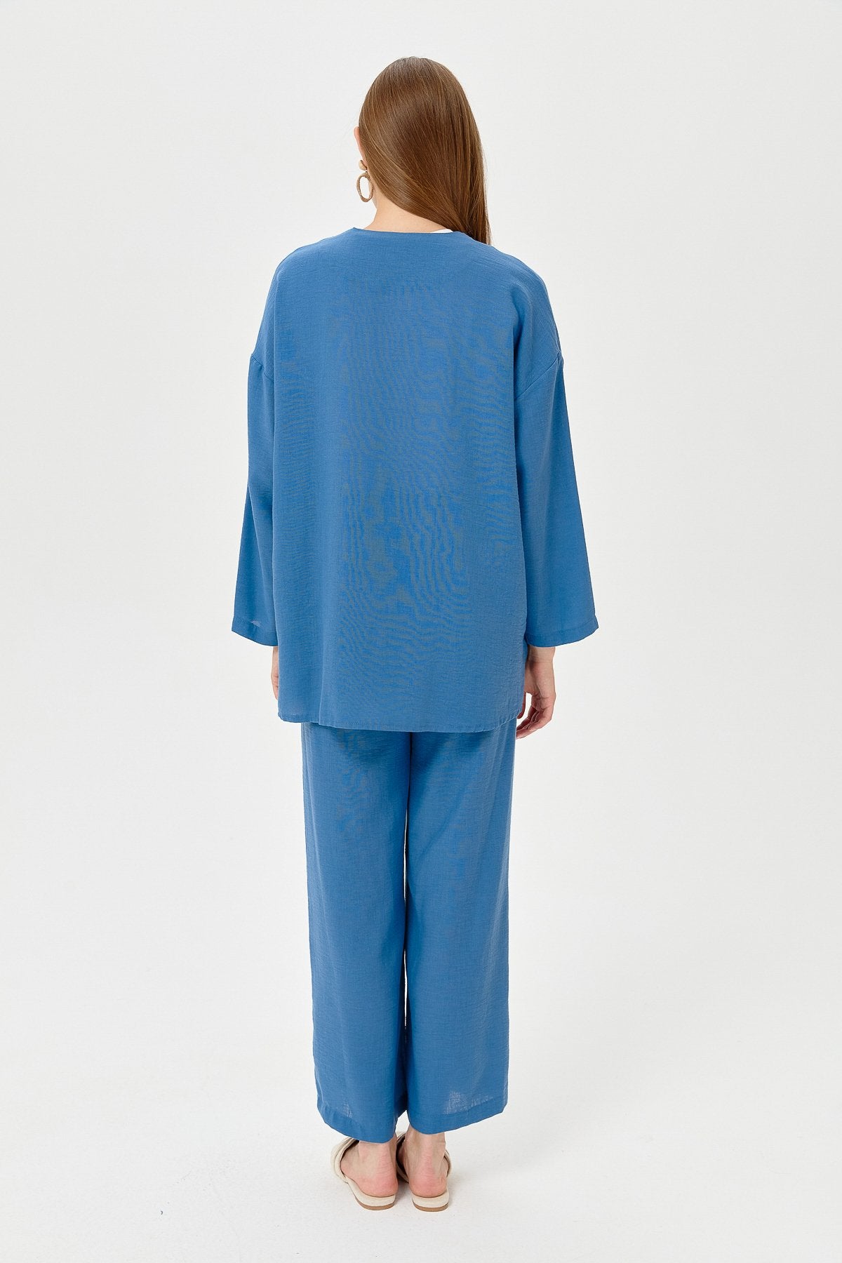 Linen Kimono Pants Set with Lace-up Detail - Indigo