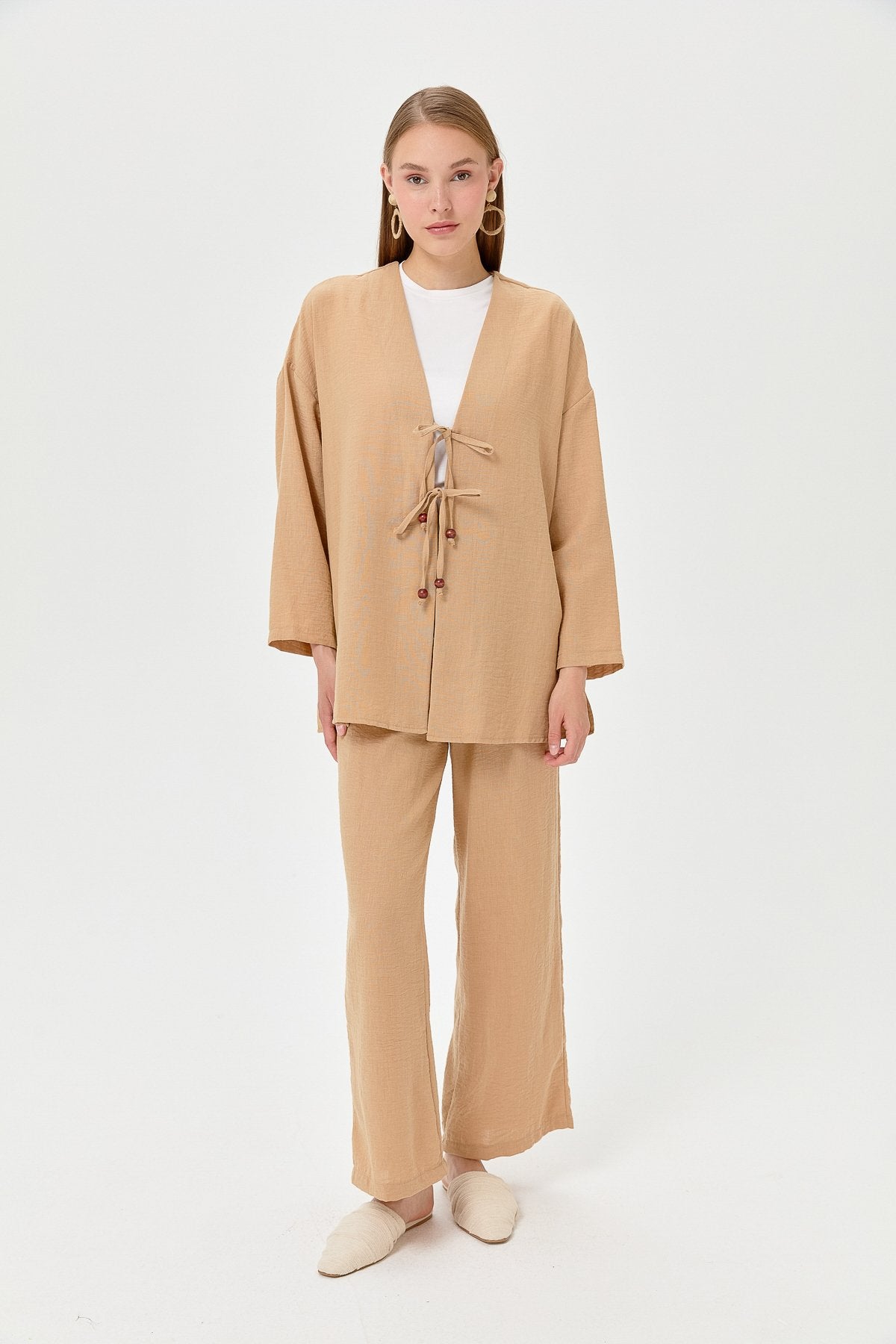 Keten Bağcık Detaylı Kimono Pantolon Takım - Vizon