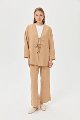 Linen Kimono Pants Set with Lace-up Detail - Mink