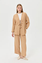 Linen Kimono Pants Set with Lace-up Detail - Mink