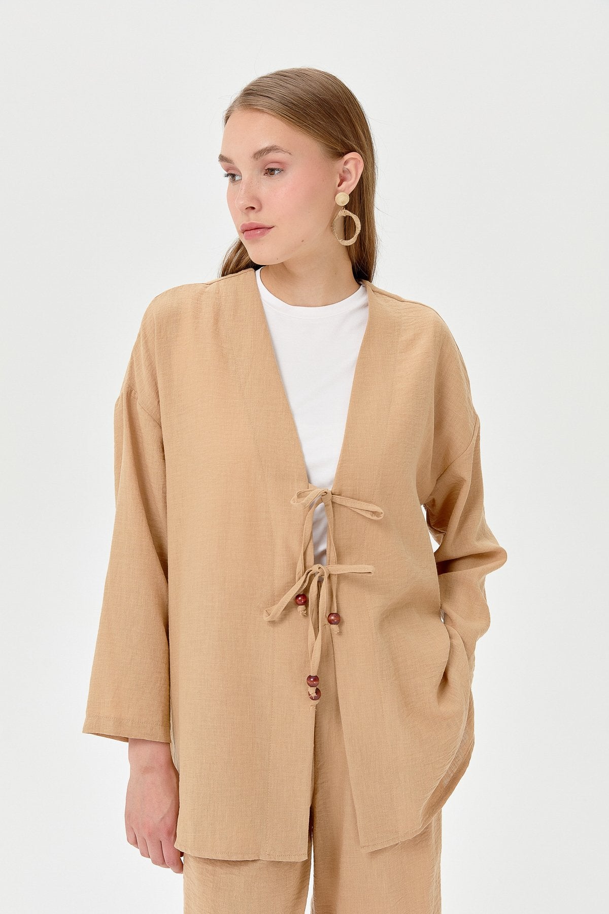 Linen Kimono Pants Set with Lace-up Detail - Mink