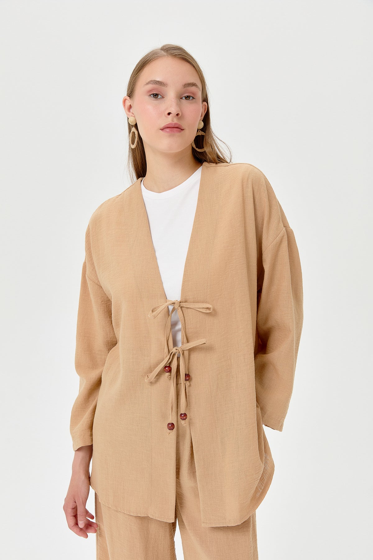 Linen Kimono Pants Set with Lace-up Detail - Mink
