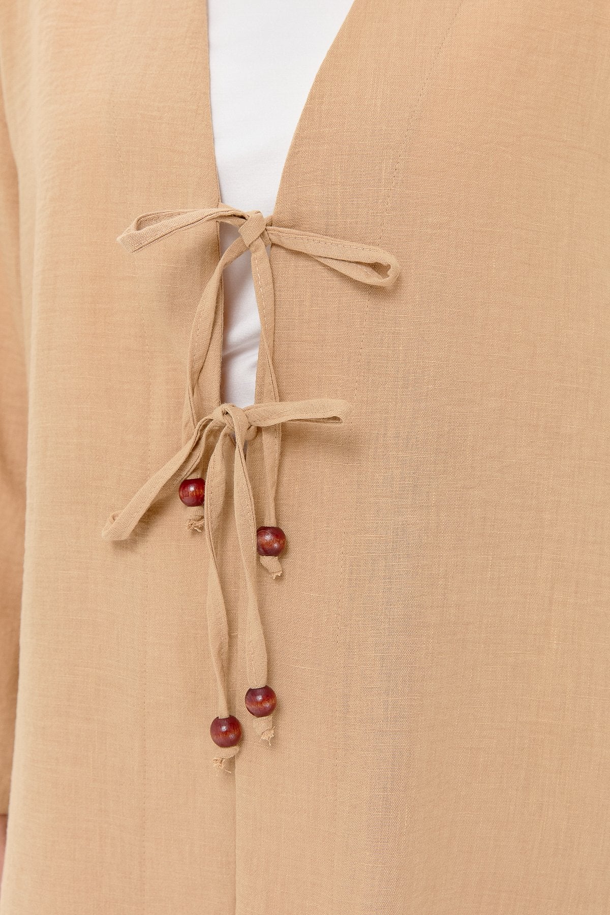 Linen Kimono Pants Set with Lace-up Detail - Mink