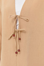 Linen Kimono Pants Set with Lace-up Detail - Mink