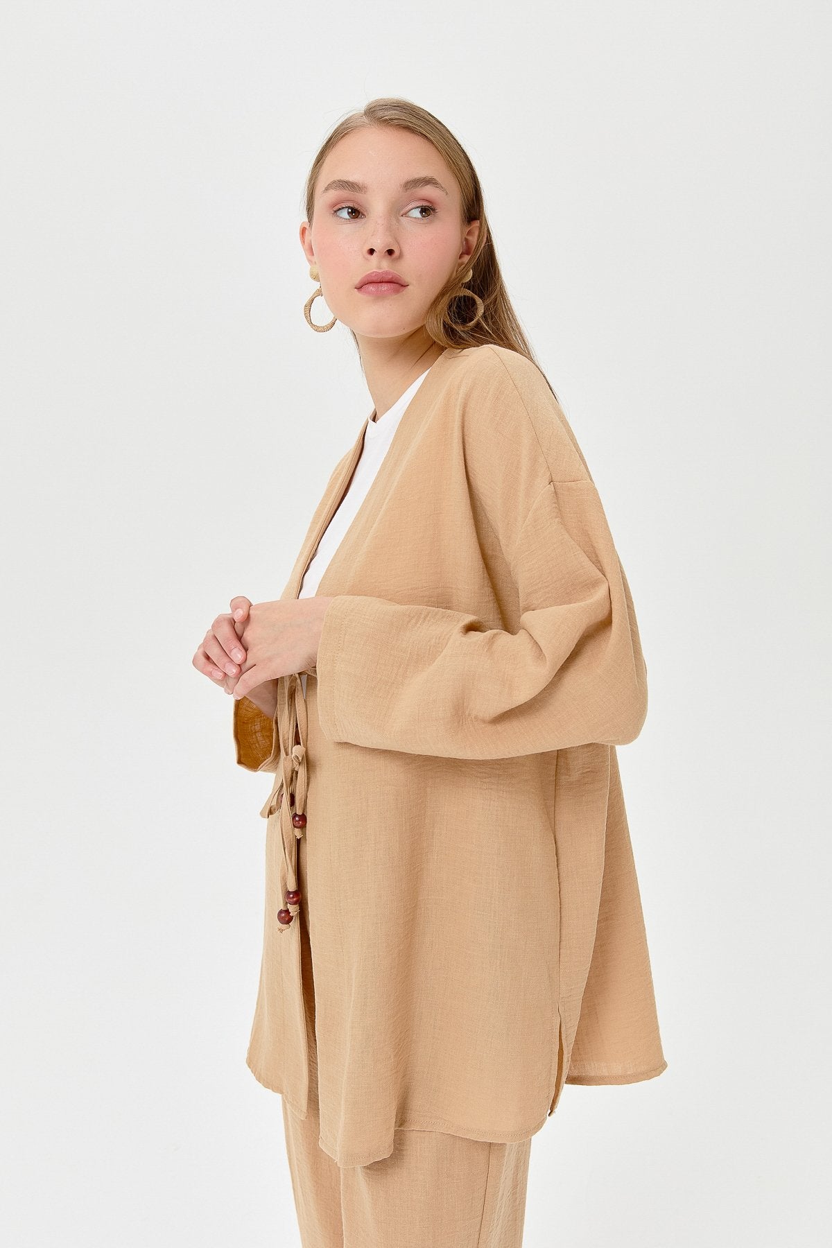 Linen Kimono Pants Set with Lace-up Detail - Mink