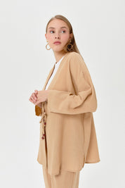 Linen Kimono Pants Set with Lace-up Detail - Mink