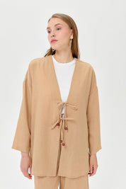 Linen Kimono Pants Set with Lace-up Detail - Mink