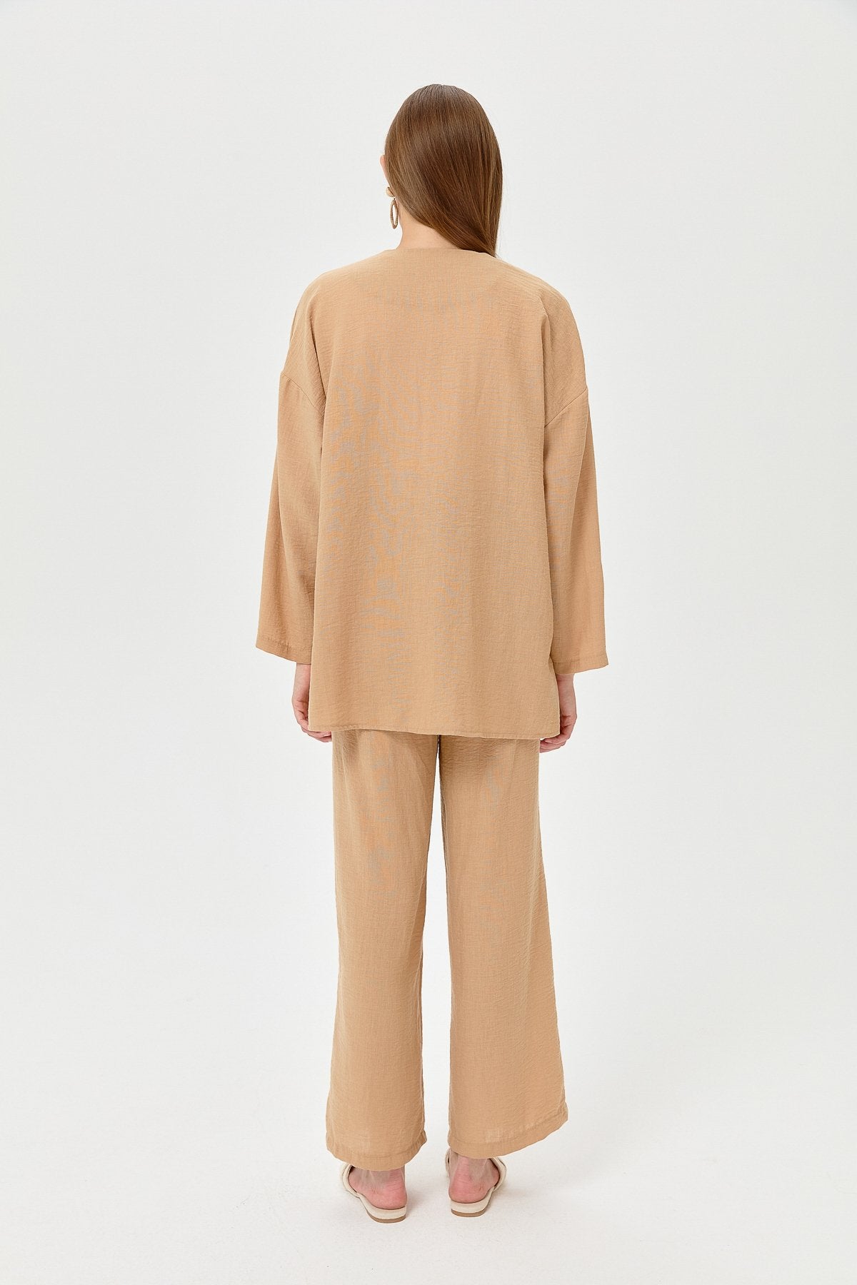 Linen Kimono Pants Set with Lace-up Detail - Mink