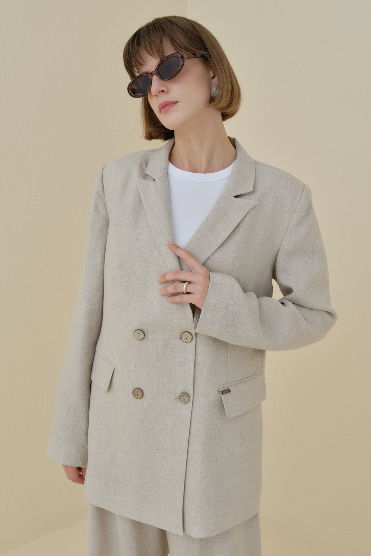 Keten Blazer Ceket - Bej