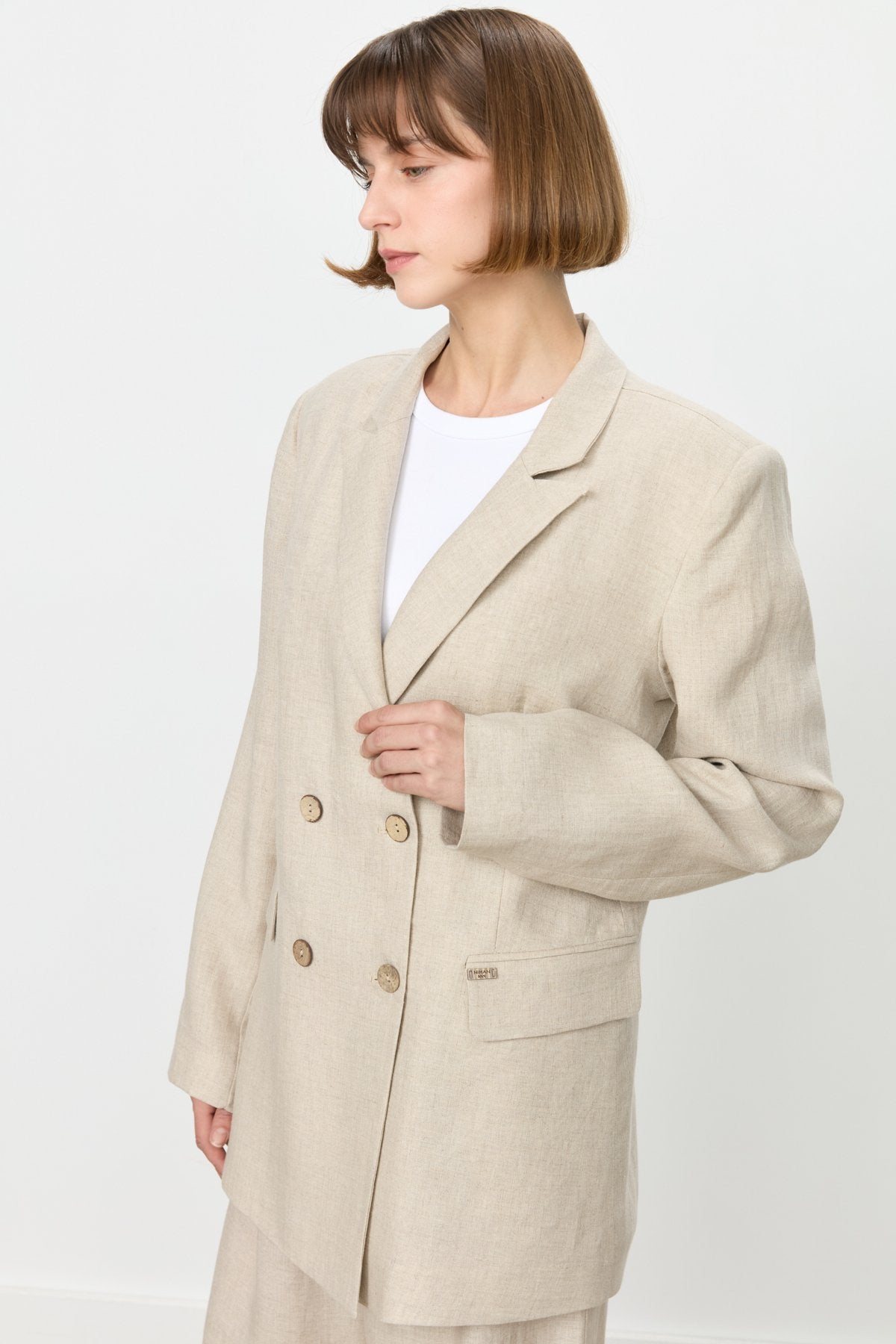 Keten Blazer Ceket - Bej