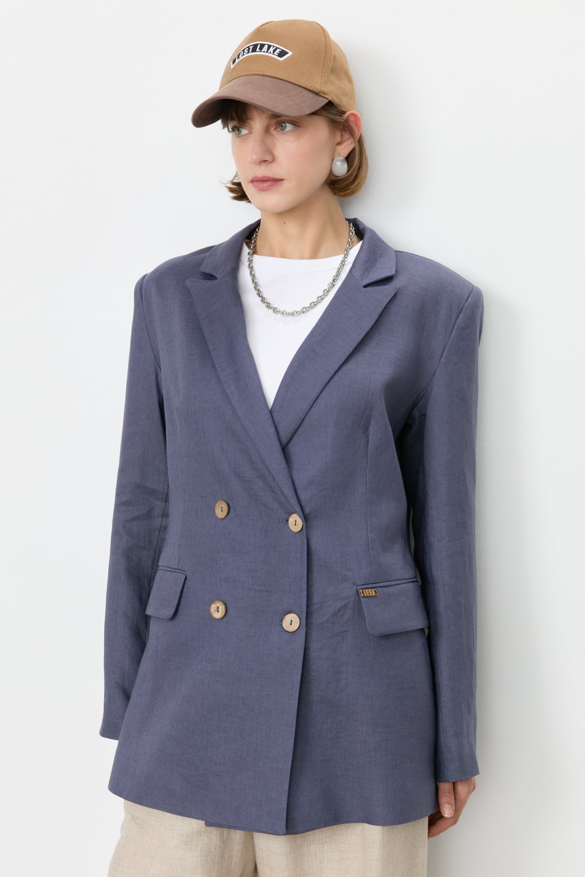 Keten Blazer Ceket - İndigo