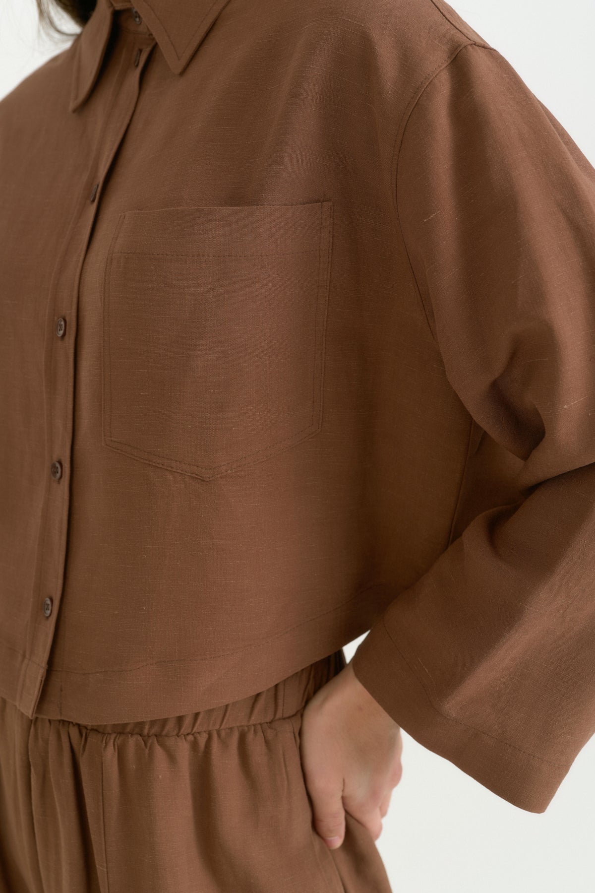 Linen Crop Shirt - Coffee