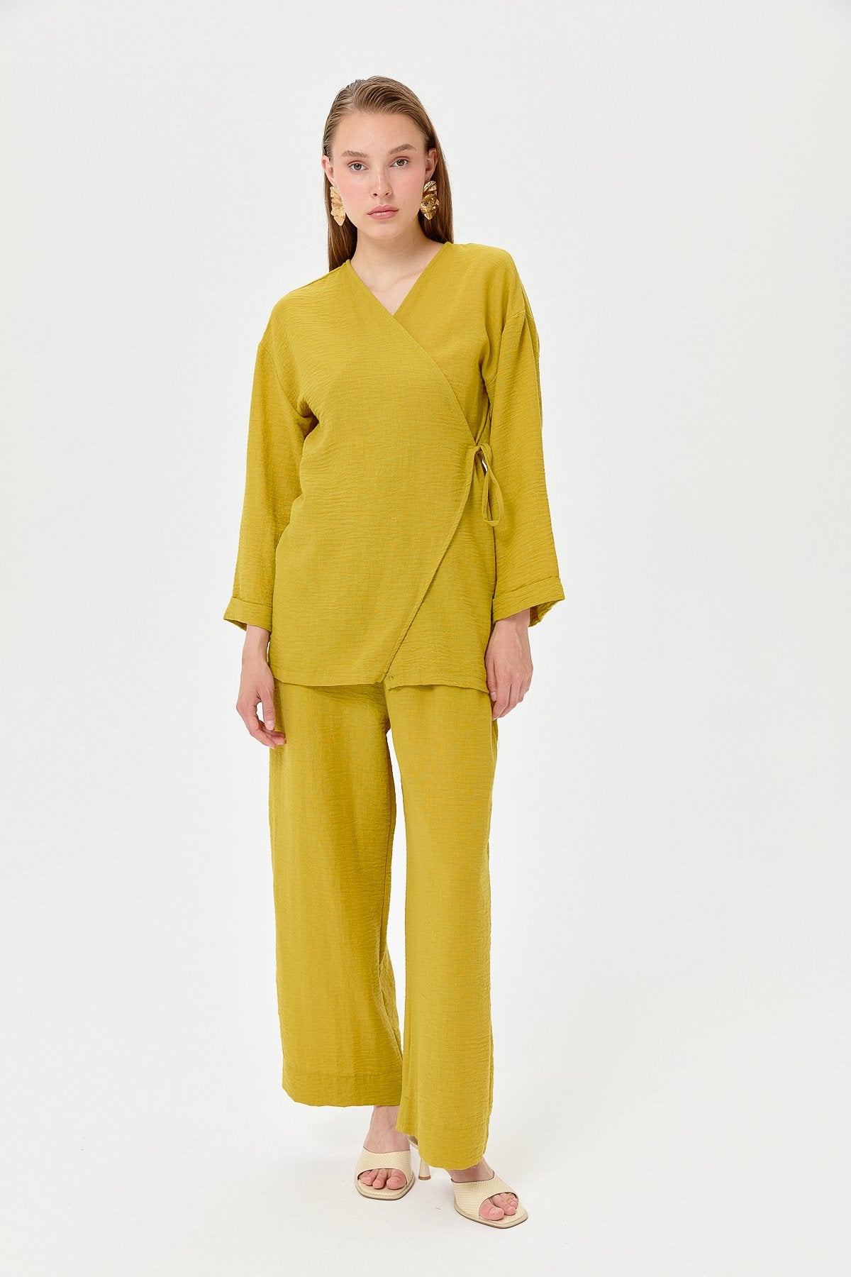 Keten Kruvaze Kimono Pantolon Takım - Asit