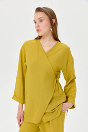 Keten Kruvaze Kimono Pantolon Takım - Asit
