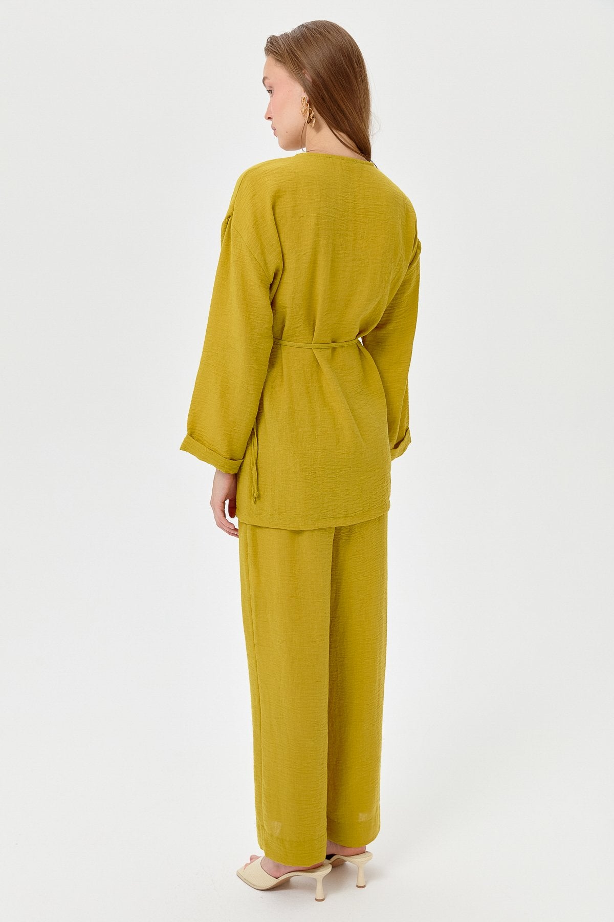 Keten Kruvaze Kimono Pantolon Takım - Asit
