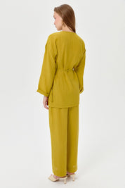 Keten Kruvaze Kimono Pantolon Takım - Asit