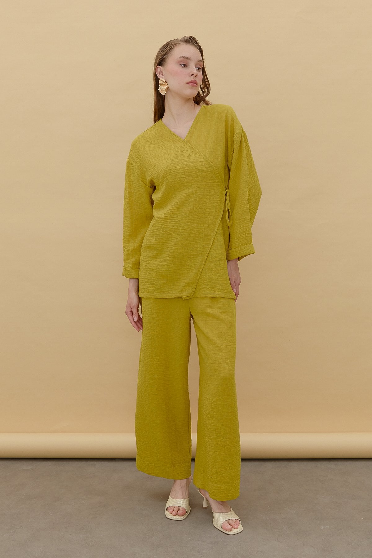 Keten Kruvaze Kimono Pantolon Takım - Asit
