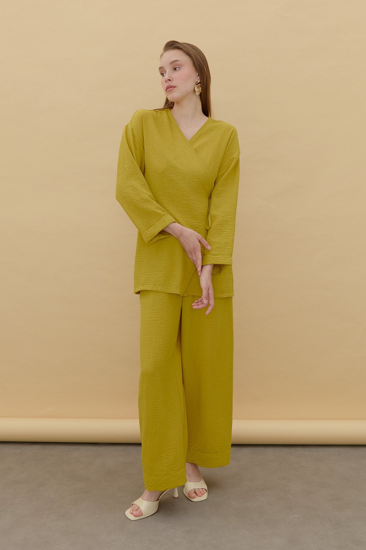Keten Kruvaze Kimono Pantolon Takım - Asit