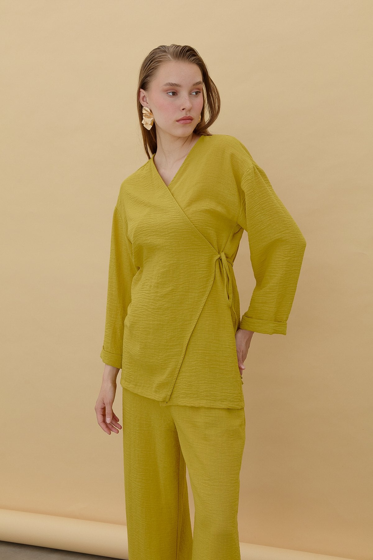 Keten Kruvaze Kimono Pantolon Takım - Asit