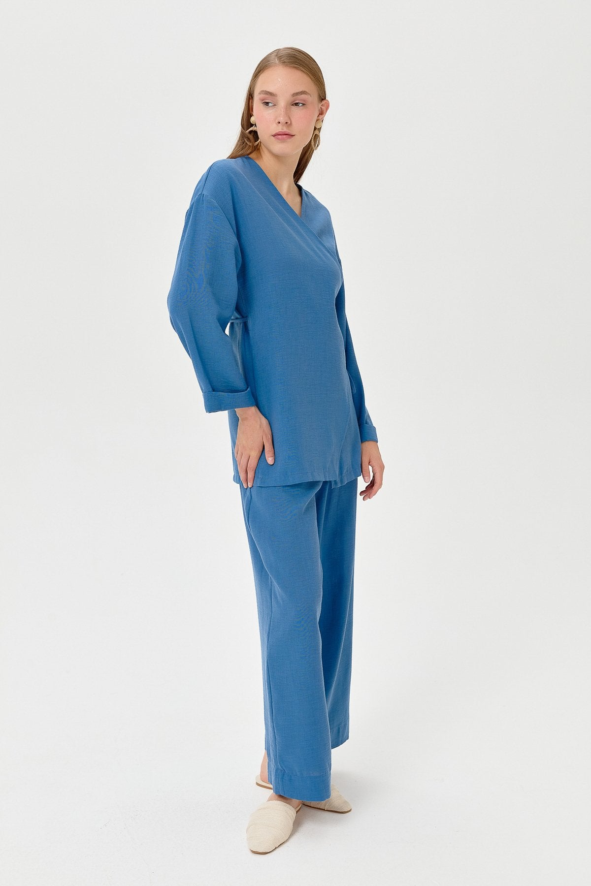 Keten Kruvaze Kimono Pantolon Takım - İndigo