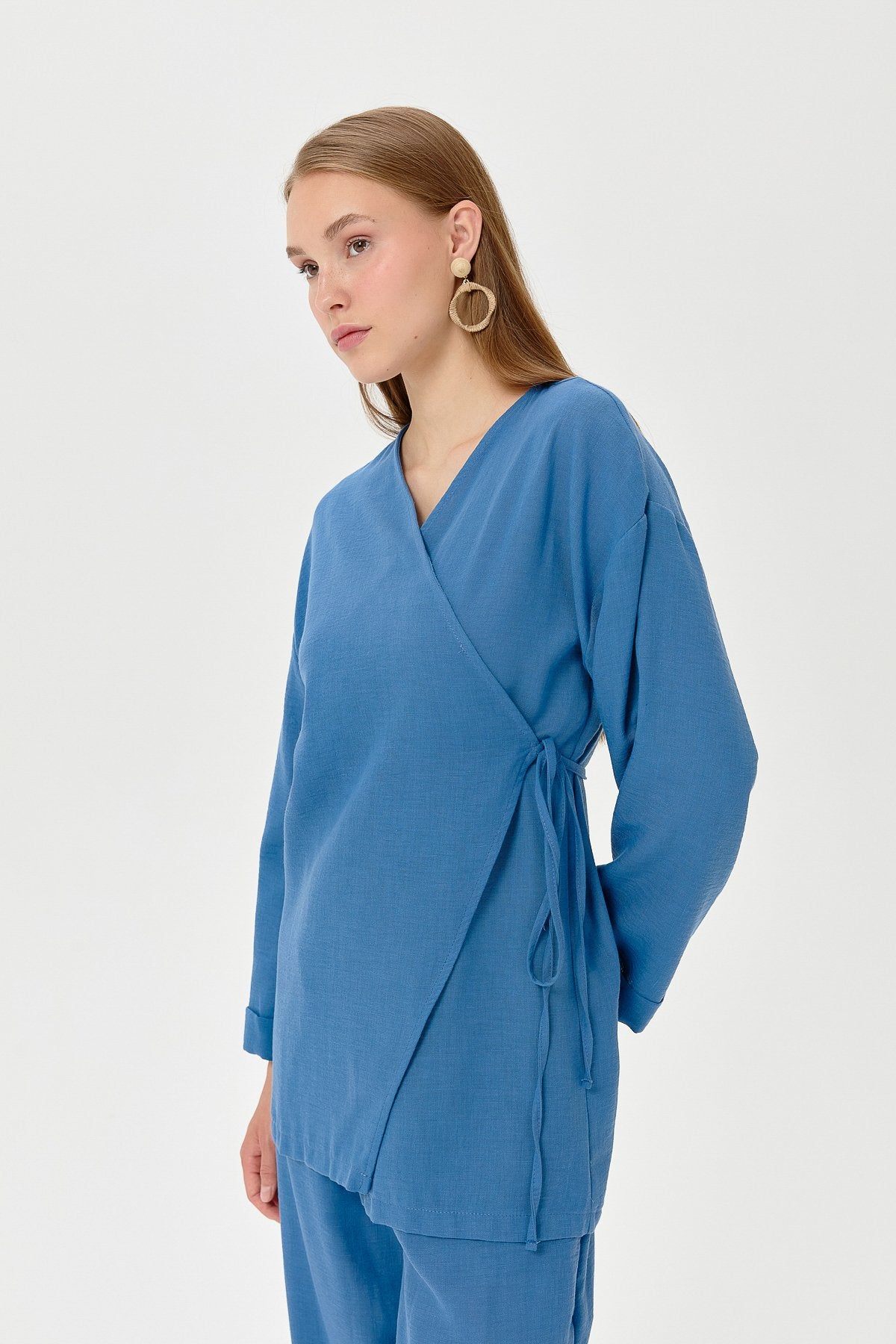 Keten Kruvaze Kimono Pantolon Takım - İndigo