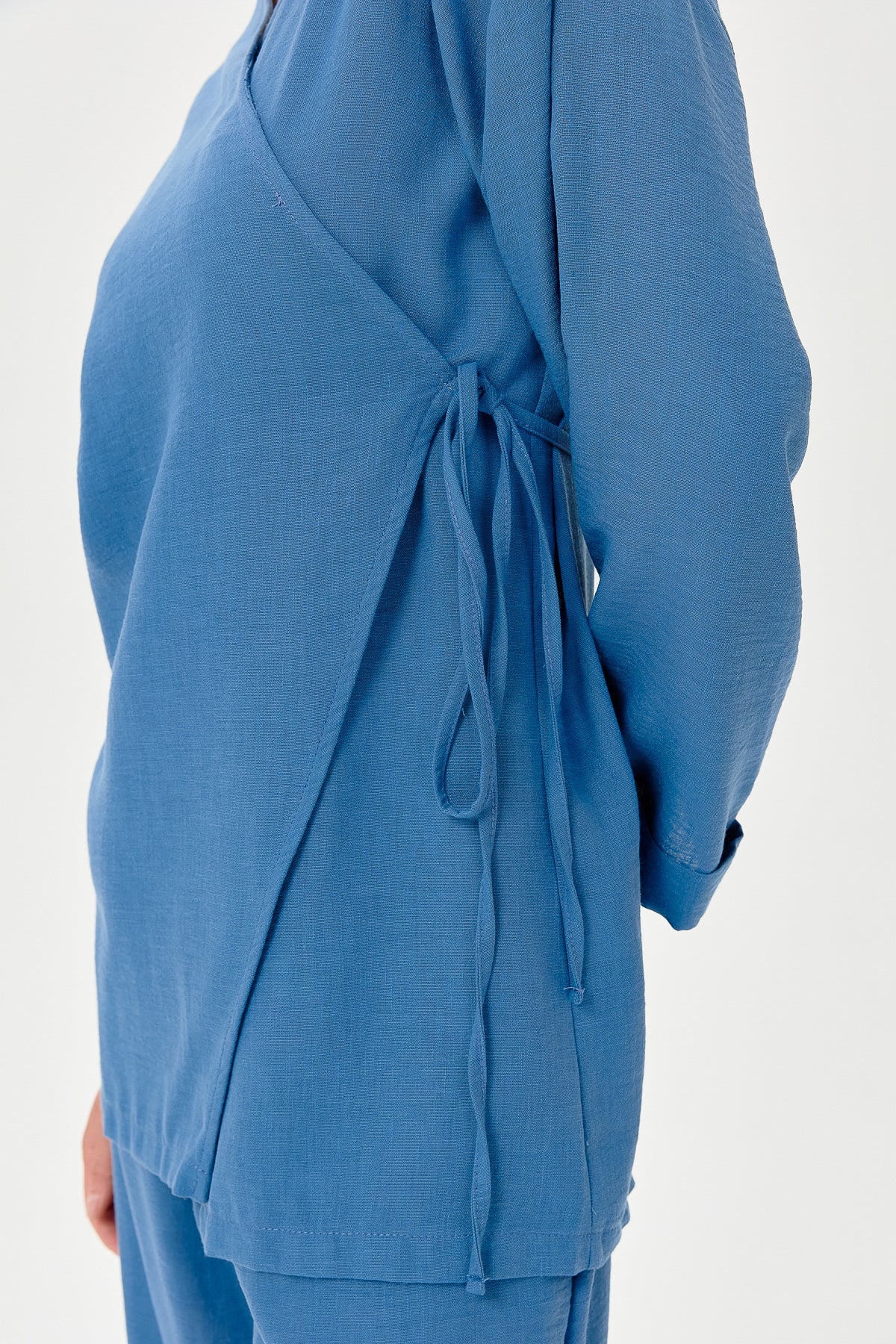 Keten Kruvaze Kimono Pantolon Takım - İndigo