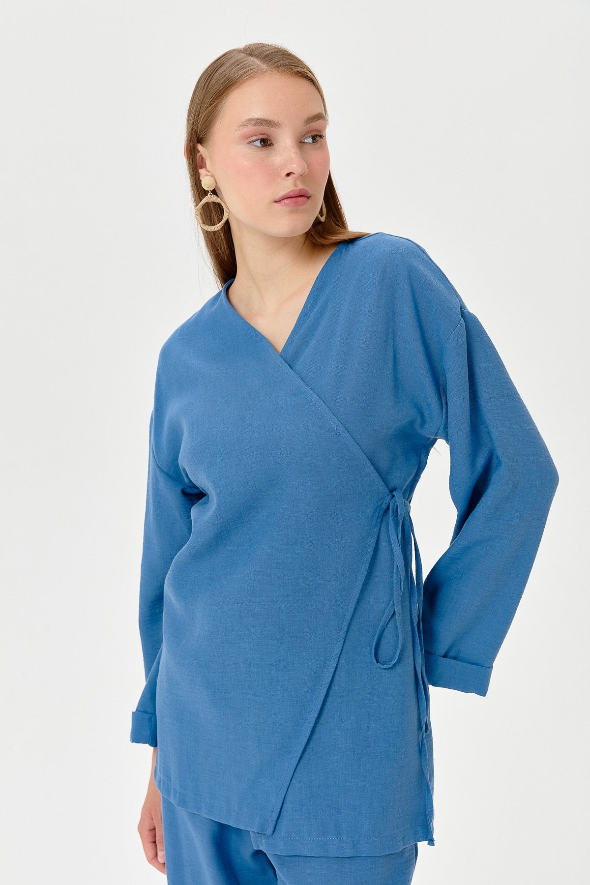 Keten Kruvaze Kimono Pantolon Takım - İndigo