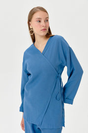 Keten Kruvaze Kimono Pantolon Takım - İndigo