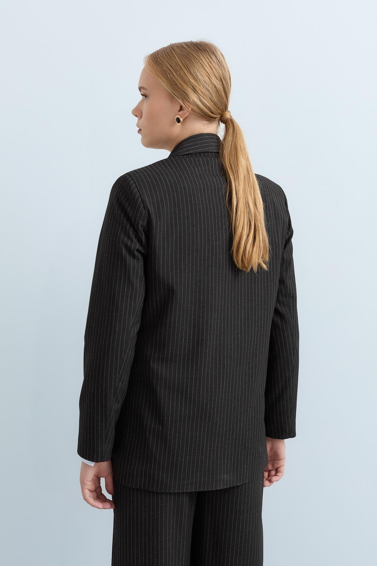 Kılıç Yaka Çizgili Blazer Ceket - Füme
