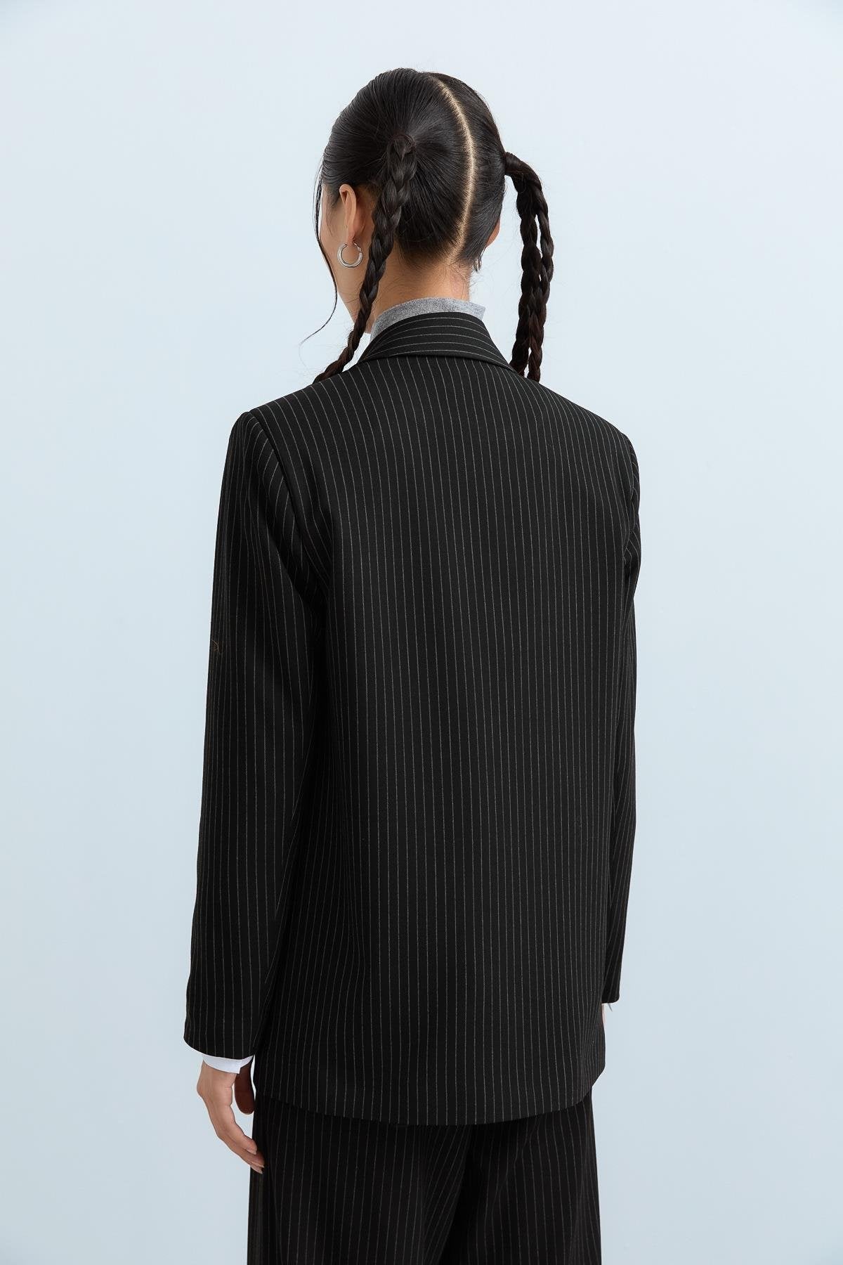 Kılıç Yaka Çizgili Blazer Ceket - Siyah