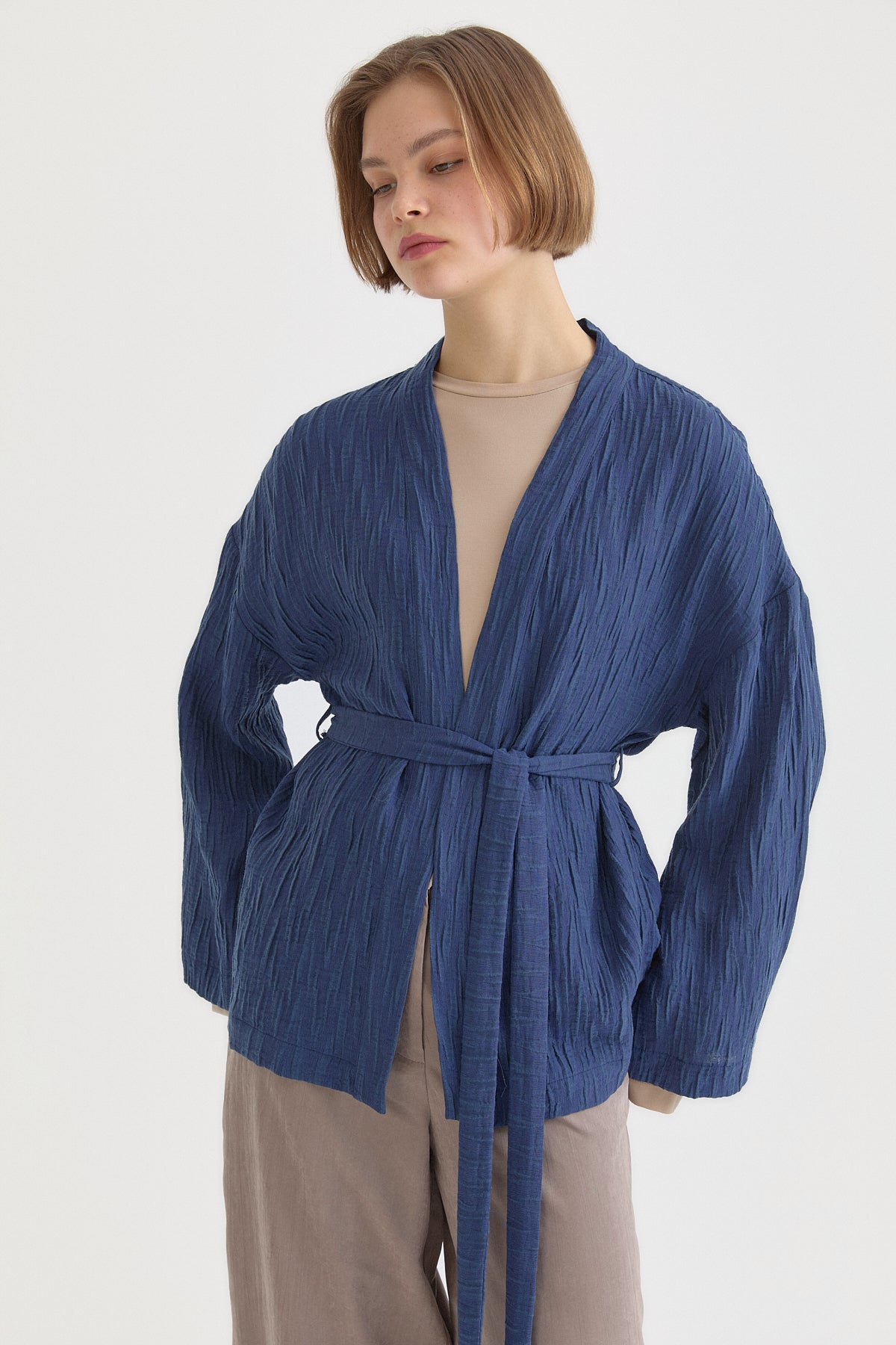 Kısa Bağlamalı Lyocell Kimono - İndigo