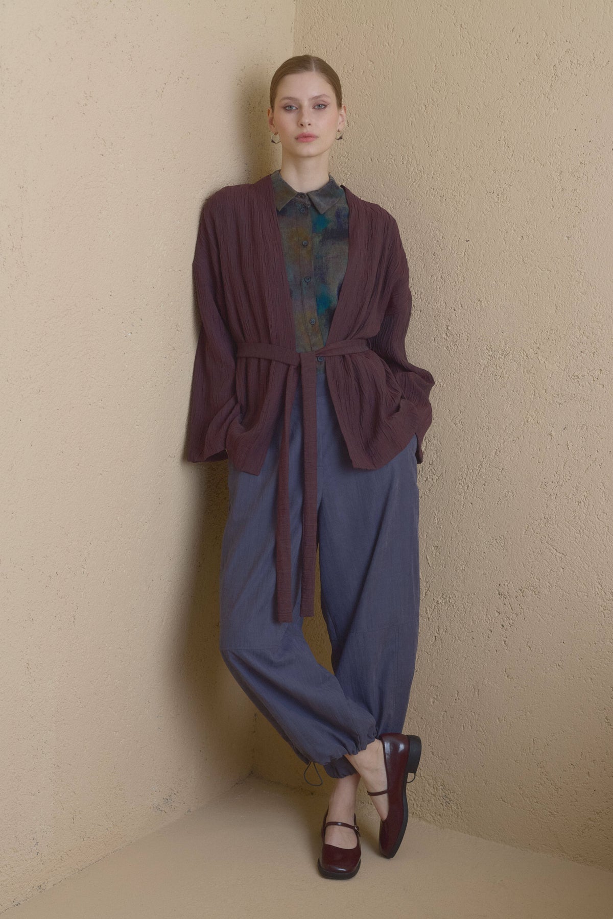 Kısa Bağlamalı Lyocell Kimono - Kahve