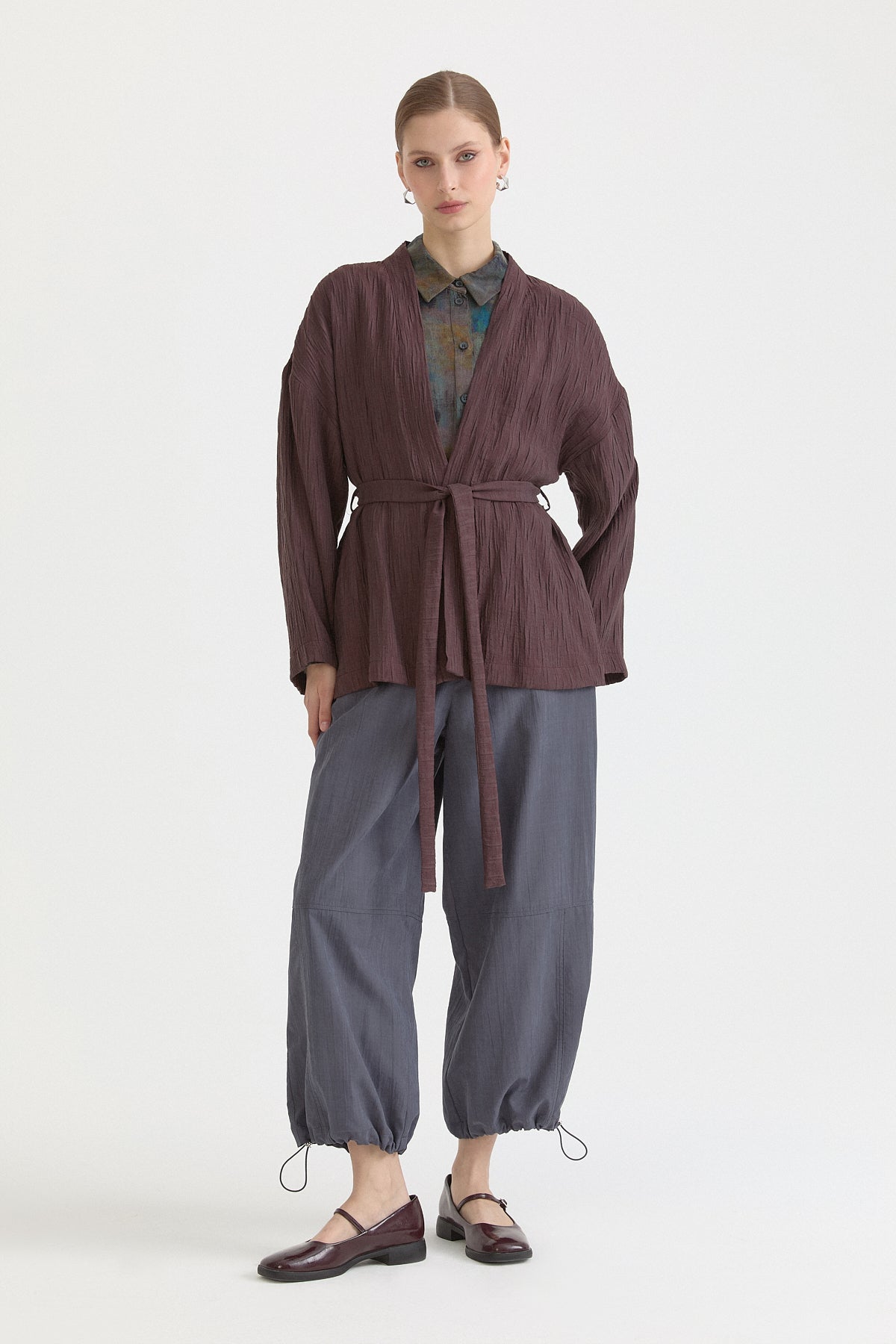 Kısa Bağlamalı Lyocell Kimono - Kahve
