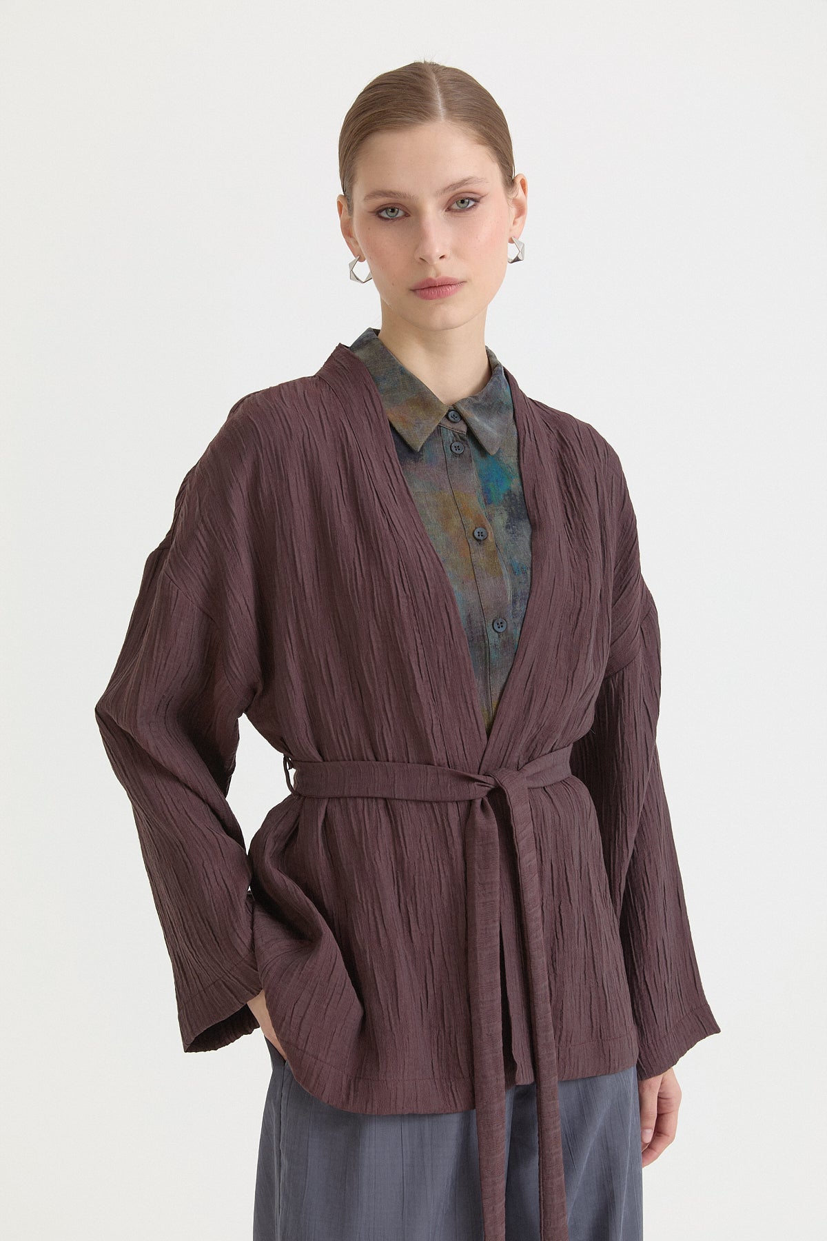 Kısa Bağlamalı Lyocell Kimono - Kahve