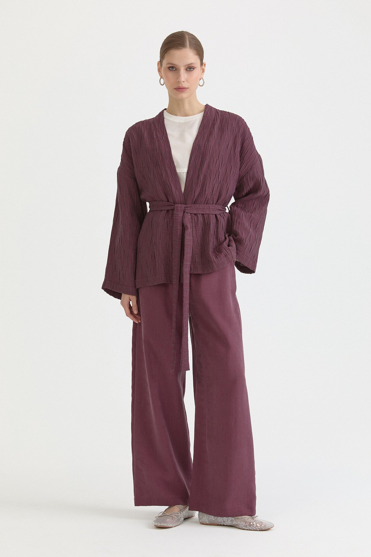 Kısa Bağlamalı Lyocell Kimono - Mürdüm
